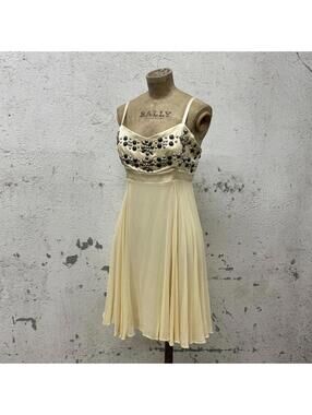 Vintage Marciano Studded Silk Chiffon Babydoll Mini Dress Cream